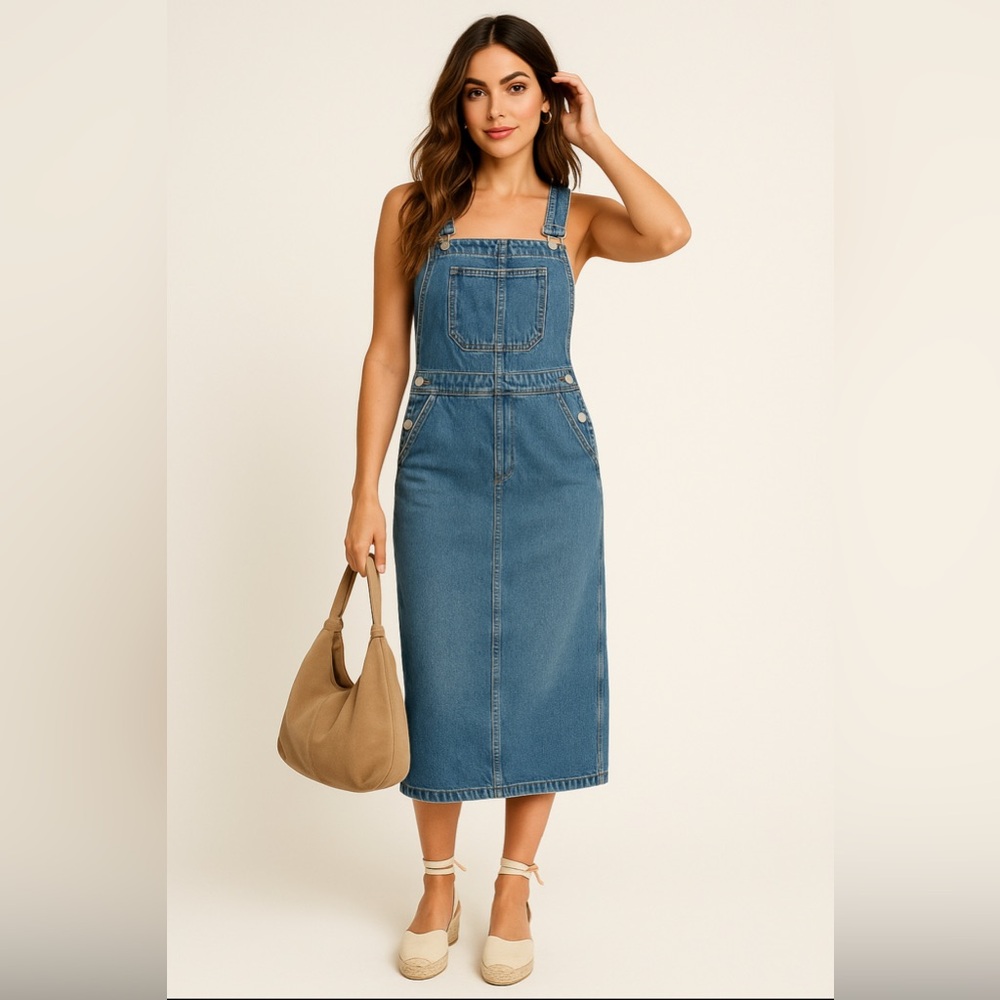 Pull & Bear Denim Overall Midi Dress – Classic Bib Style with Pockets